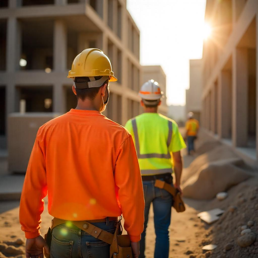 Construction workers in hard hats and high-visibility workwear walking on a sunny building site. The image highlights construction safety, site management, skilled labor, and ongoing infrastructure development.