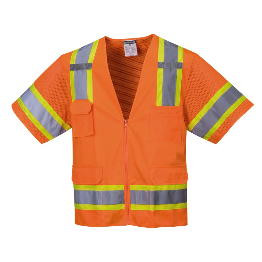 Aurora Hi-Vis Short Sleeve Contrast Executive Vest - Class 3 in Hi-Vis Orange Front View Image