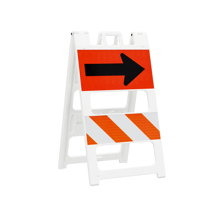 Plastic Traffic Control Barricade White with Sign and LH Reflective Stripes Image