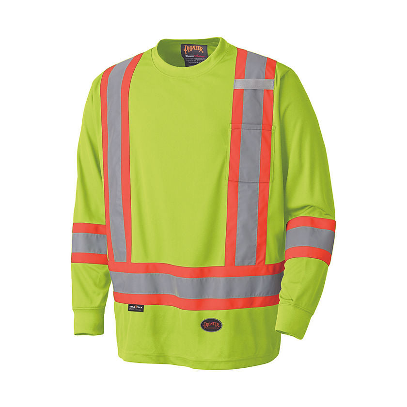 Birdseye Long Sleeved Safety T Shirt 2 Stripe Yellow Green Front View Image