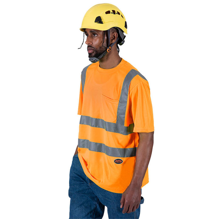 Birdseye Safety T Shirt Short Sleeved Orange Front View In Use Construction Image
