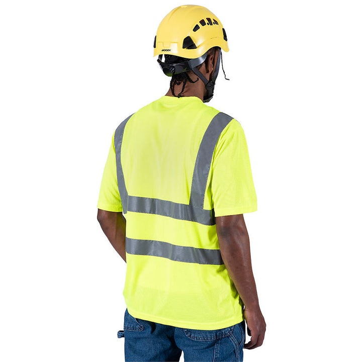 Birdseye Safety T Shirt Short Sleeved Yellow Green Back View In Use Constructions Image