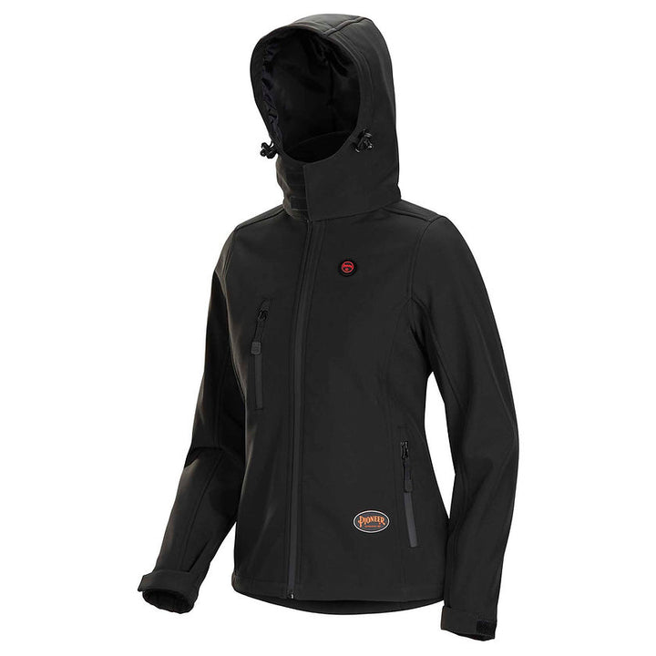 Women's Heated Softshell Jacket Black With Hood Front View Image