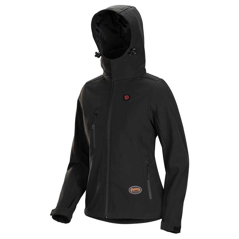 Women's Heated Softshell Jacket Black With Hood Front View Image