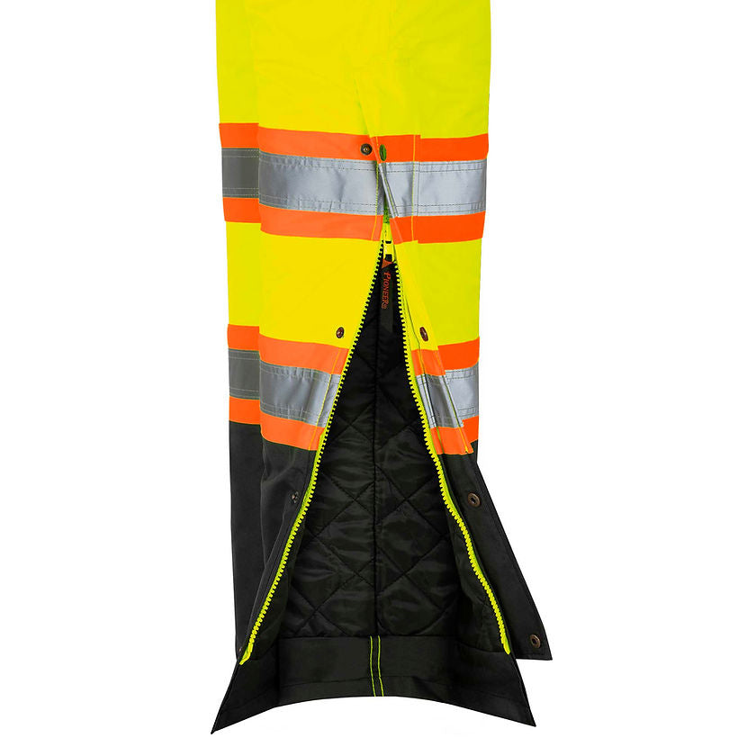 Hi Vis 100_ Waterproof Quilted Bib Pants Yellow Green Boot Zipper Cuff Detail Image
