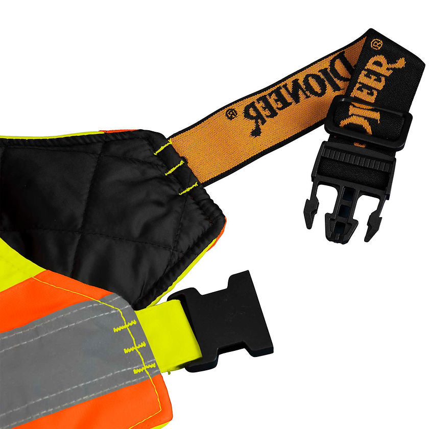 Hi Vis 100_ Waterproof Quilted Bib Pants Yellow Green Buckle Detail Image