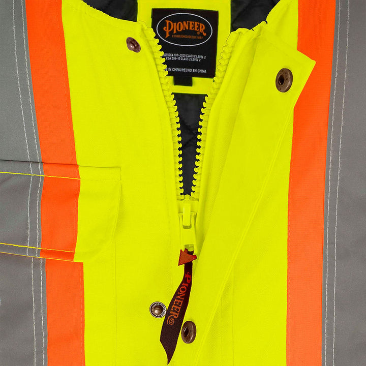 Hi Vis 100_ Waterproof Quilted Bib Pants Yellow Green Zipper Detail Image