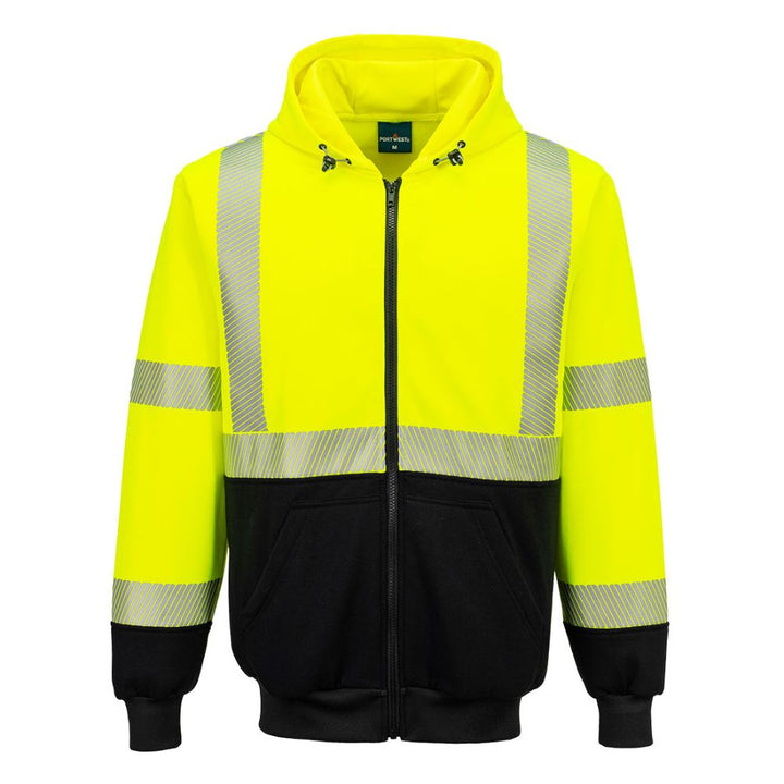 Hi-Vis Contrast Segmented Tape Zipper Hoodie - Class 2/3 Yellow Front View Image