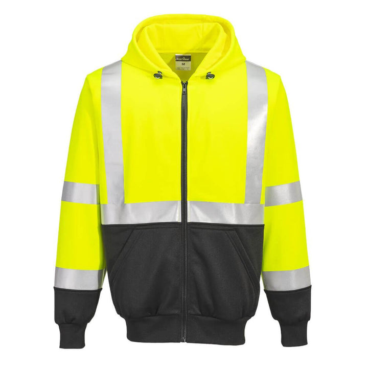 Hi-Vis Contrast Zipped Hoodie - Poly-Cotton Blend Yellow Front View Image