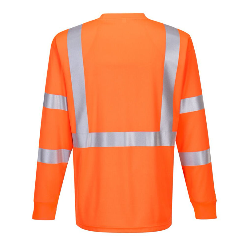 Hi-Vis Long Sleeve Pocket T-Shirt With  Ribbed Cuffs - Class 3 in Orange Back View Image