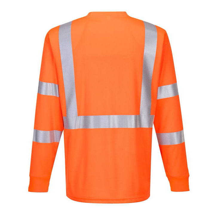 Hi-Vis Long Sleeve Pocket T-Shirt With  Ribbed Cuffs - Class 3 in Orange Back View Image