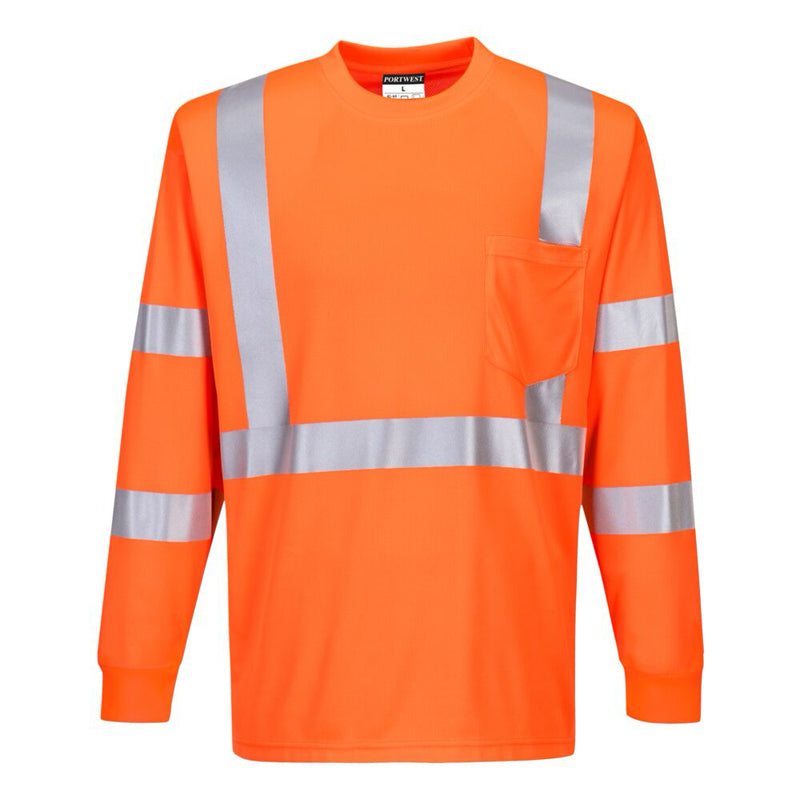Hi-Vis Long Sleeve Pocket T-Shirt With  Ribbed Cuffs - Class 3 in Orange Front View Image