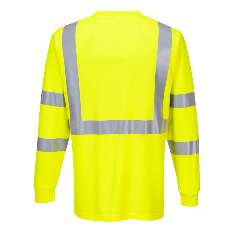 Hi-Vis Long Sleeve Pocket T-Shirt With  Ribbed Cuffs - Class 3 in Yellow Back View Image