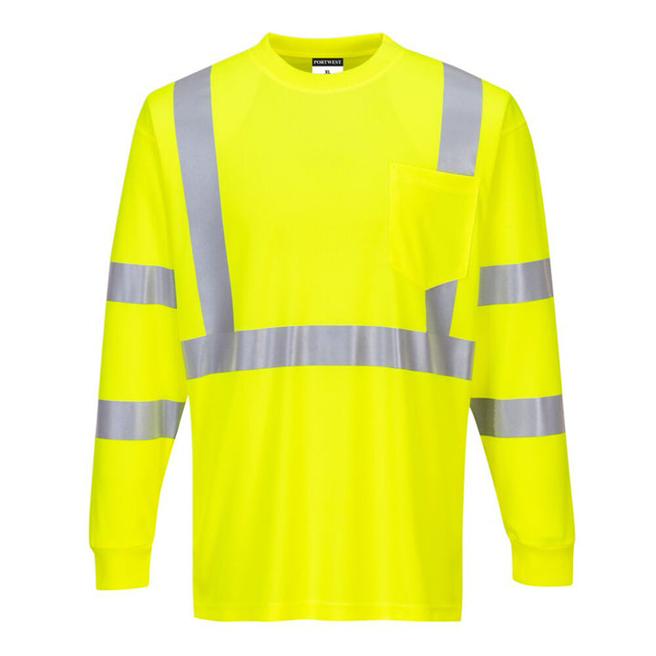 Hi-Vis Long Sleeve Pocket T-Shirt With  Ribbed Cuffs - Class 3 in Yellow Front View Image