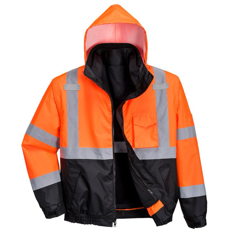 Hi-Vis Premium Bomber Jacket 3-in-1 Contrast Orange With Black Bottom Front View With Lining Image