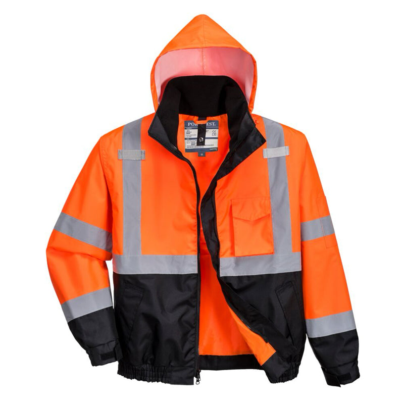 Hi-Vis Premium Bomber Jacket 3-in-1 Contrast Orange With Black Bottom Front View Without Lining Image
