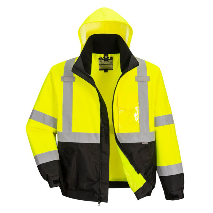 Hi-Vis Premium Bomber Jacket 3-in-1 Contrast Yellow With Black Bottom Front View Without Lining Image