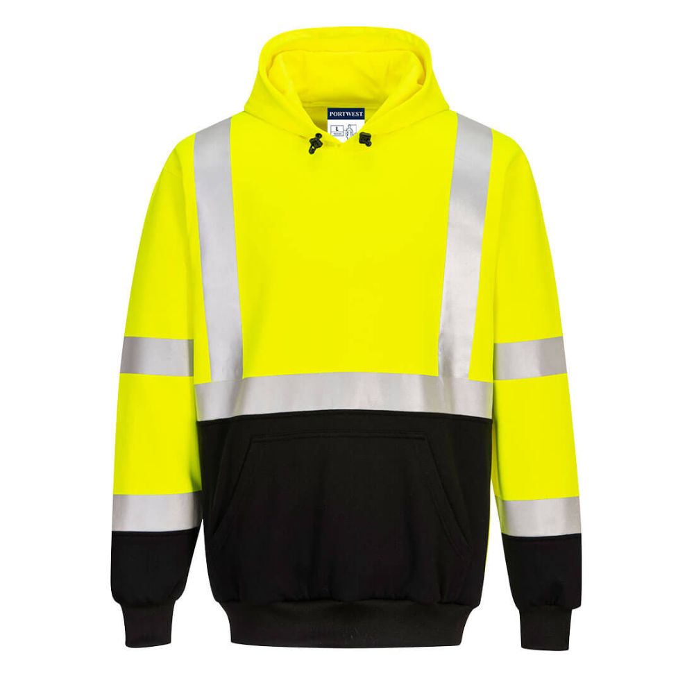 Hi-Vis Pullover Contrast Hoodie With Black Bottom - Class 2/3 Yellow Front View Image