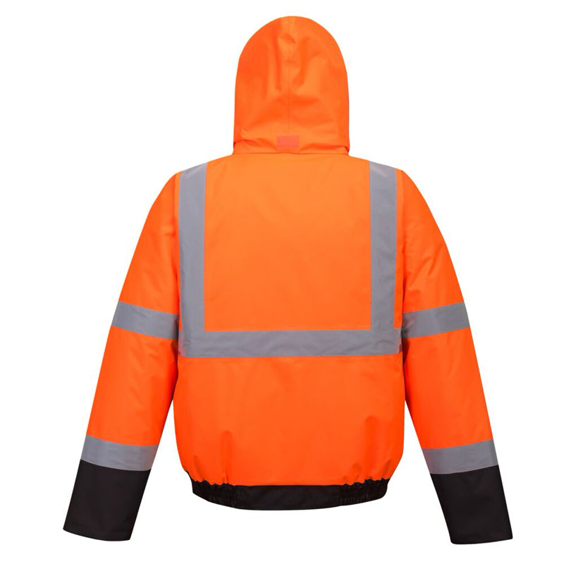 Hi-Vis Quilt Lined Winter Bomber Jacket in Orange With Black Bottom Back View Image