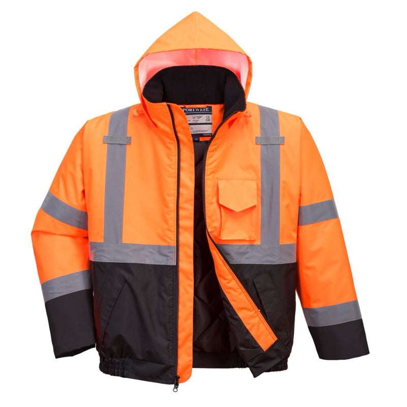 Hi-Vis Quilt Lined Winter Bomber Jacket in Orange With Black Bottom Front View Image