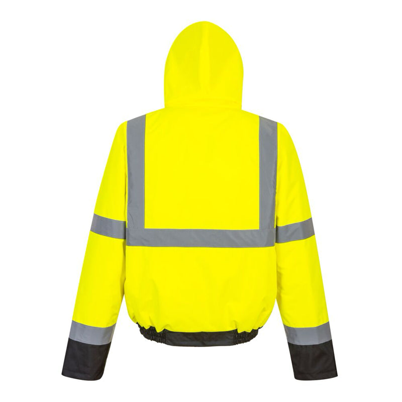 Hi-Vis Quilt Lined Winter Bomber Jacket in Yellow With Black Bottom Back View Image