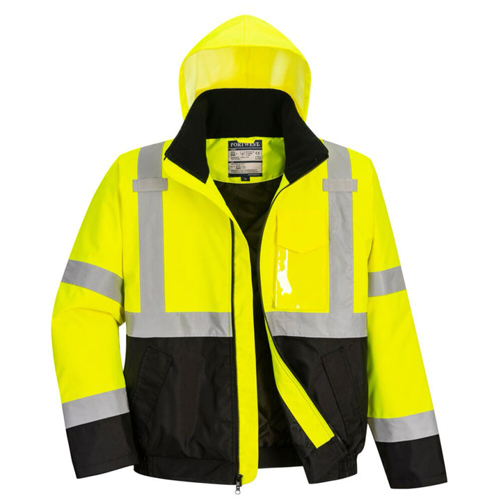 Hi-Vis Quilt Lined Winter Bomber Jacket in Yellow With Black Bottom Front View Image