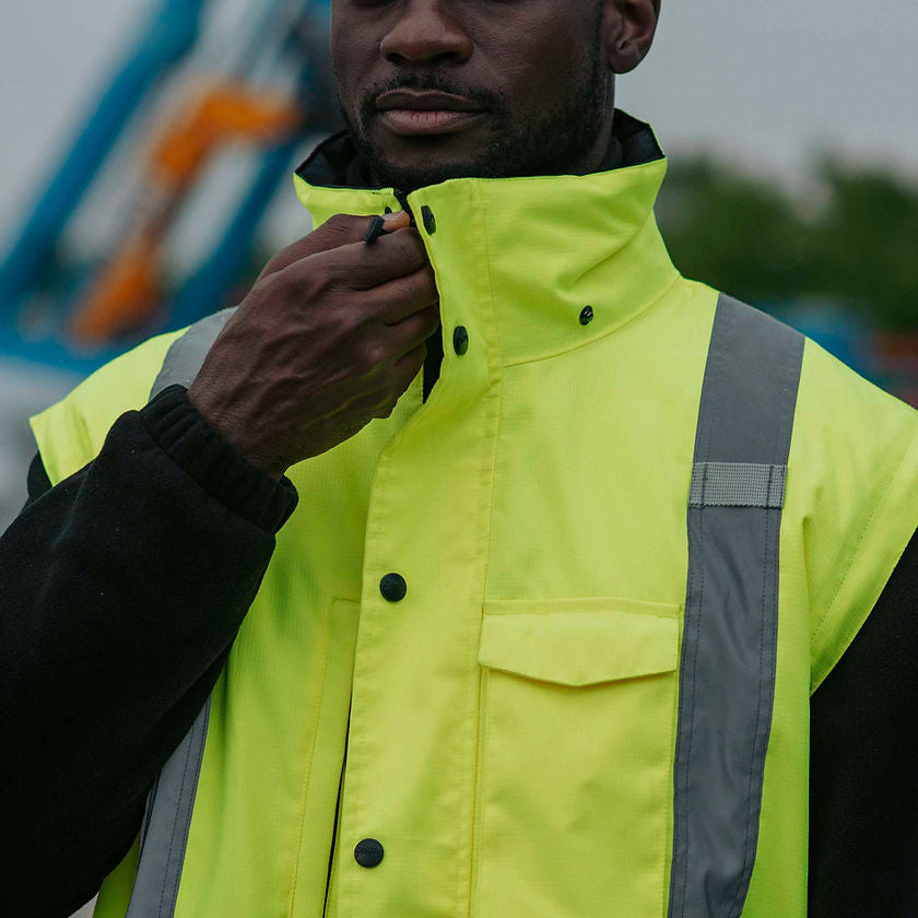 Hi-Vis Waterproof 5 in 1 Jacket Yellow In Use Zipper Collar Secondary Image
