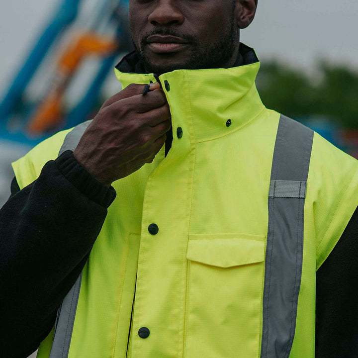 Hi-Vis Waterproof 5 in 1 Jacket Yellow In Use Zipper Collar Secondary Image