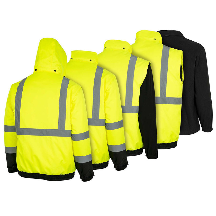 Hi-Vis Waterproof 5 in 1 Jacket Yellow Various Configurations Back View Secondary Image