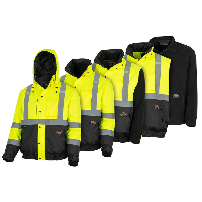 Hi-Vis Waterproof 5 in 1 Jacket Yellow Various Configurations Front View Image Main