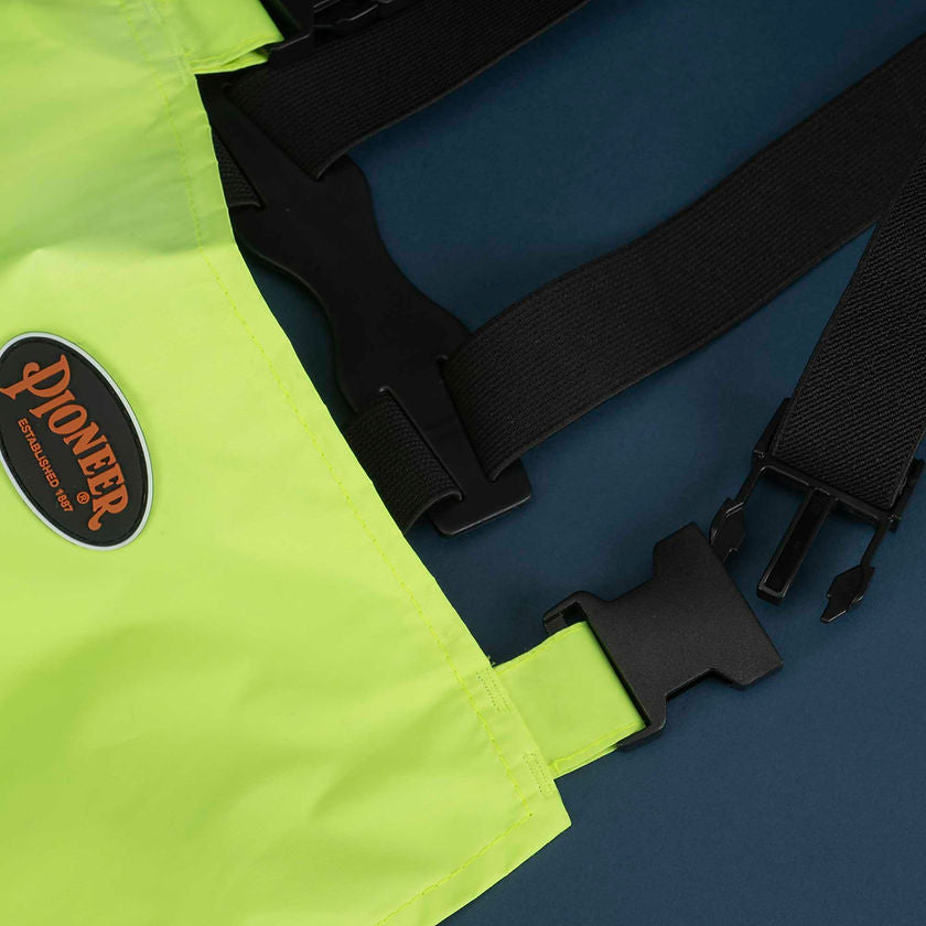 Lightweight Hi Vis Rainsuit Pvc Yellow Green Bib Pants Plastic Buckles Detail Image