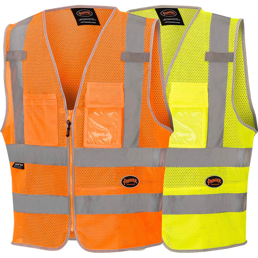 Mesh Safety Vest 8 Pocket Orange Yellow Green Front View Image