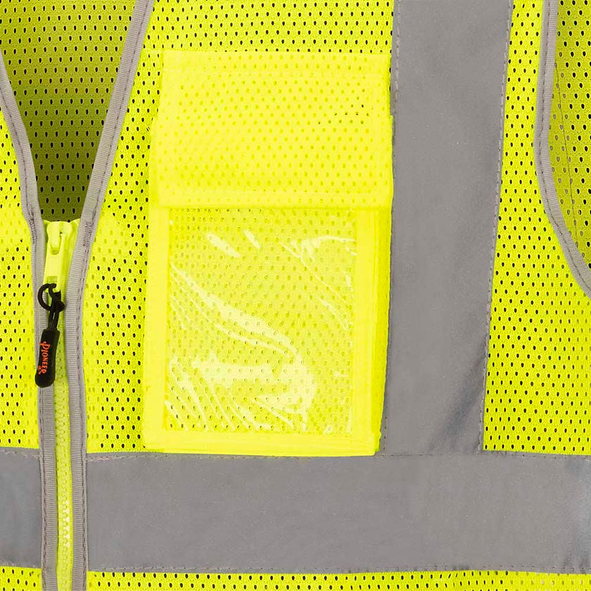 Mesh Safety Vest 8 Pocket Yellow Green Clear Id Holder Detail View Image