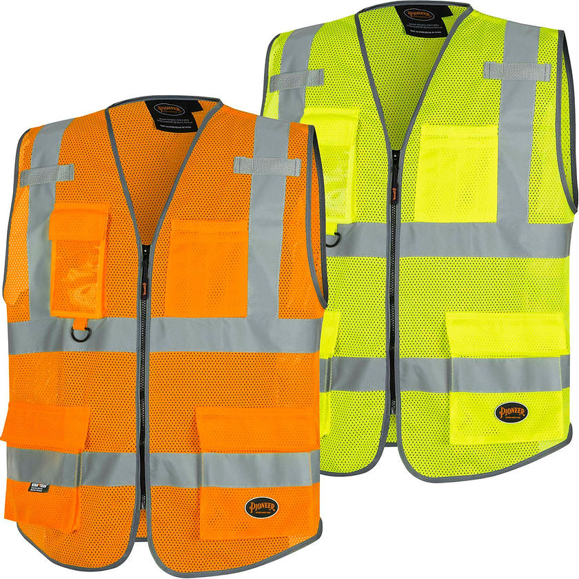 Mesh Safety Vest 9 Pocket Orange Yellow Green Front View Image