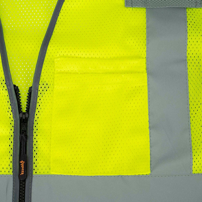 Mesh Safety Vest 9 Pocket Yellow Green Chest Pen Pocket Detail Image