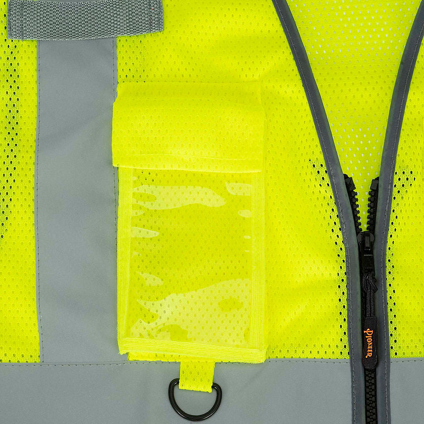 Mesh Safety Vest 9 Pocket Yellow Green Chest Pocket D Ring Detail Image