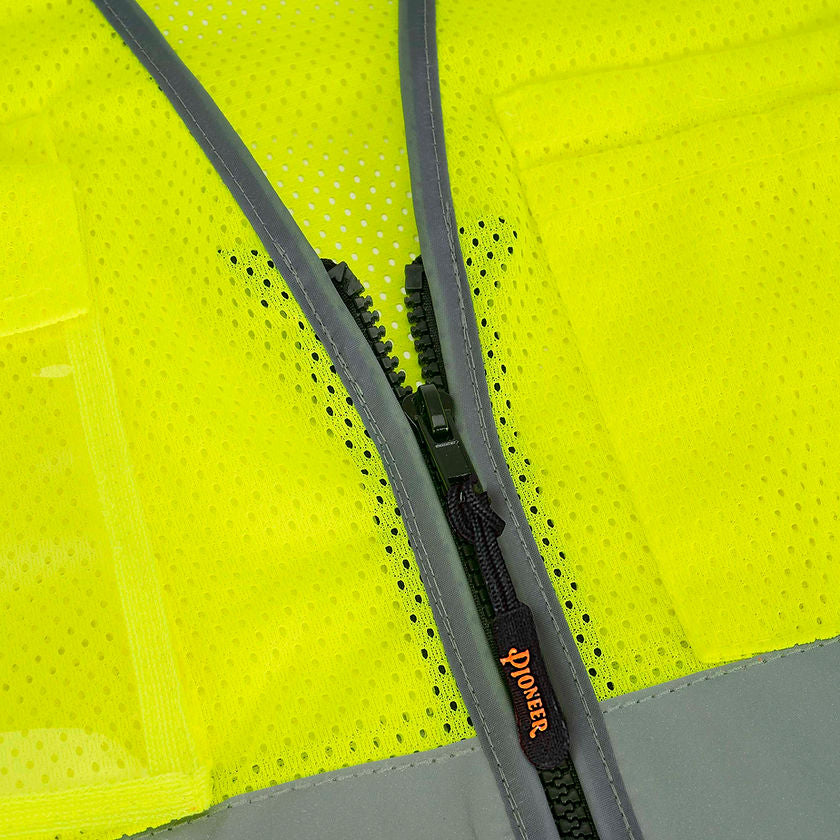 Mesh Safety Vest 9 Pocket Yellow Green Zipper Detail Image
