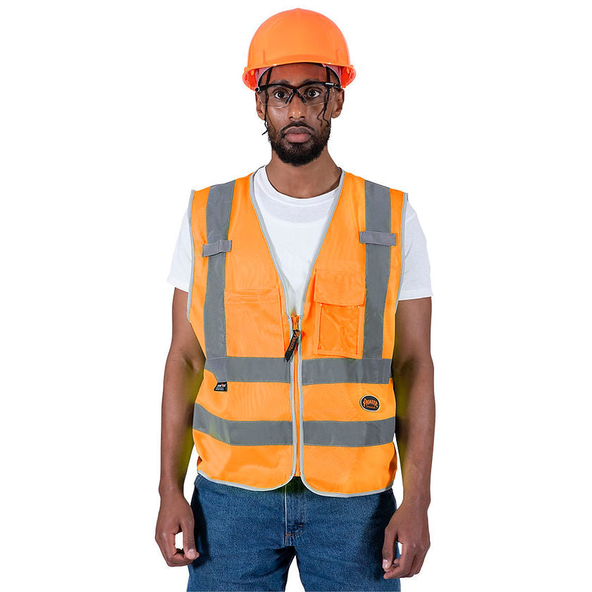 Multi Pocket Safety Vest Orange Front View In Use Construction Worker Image