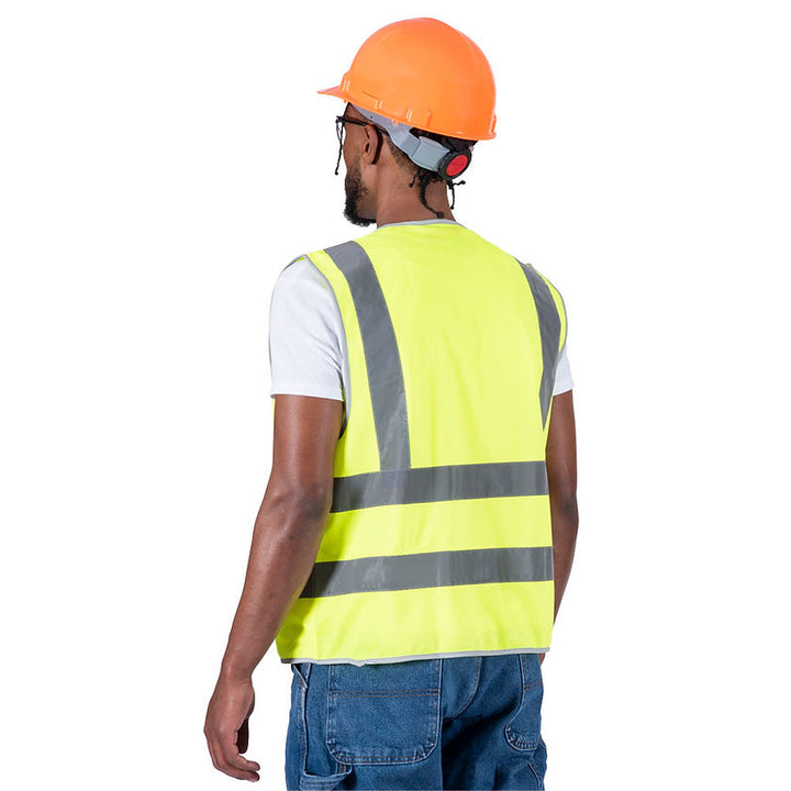 Multi Pocket Safety Vest Yellow Green Back View In Use Construction Worker Image