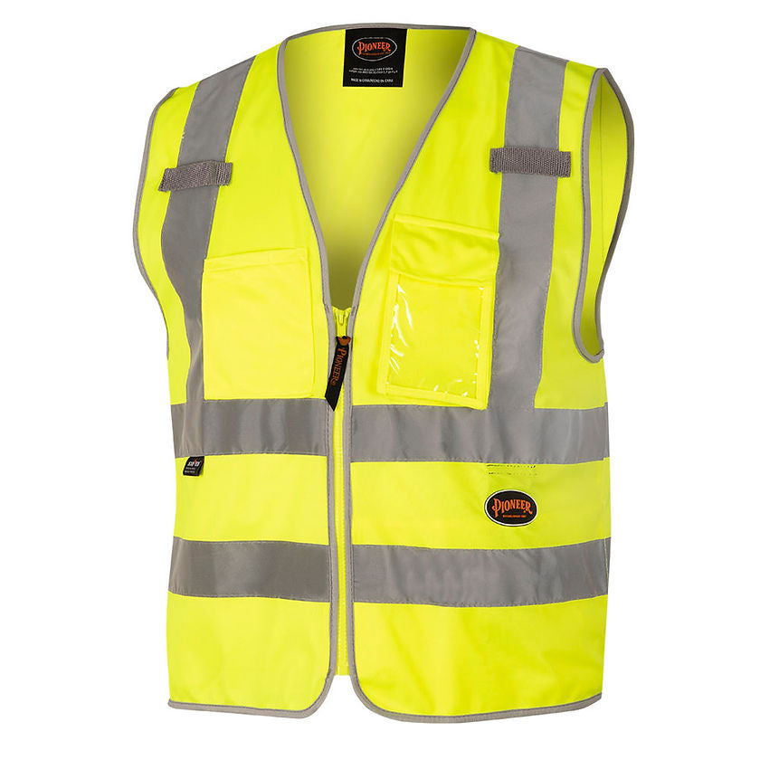 Multi Pocket Safety Vest Yellow Green Front View Image