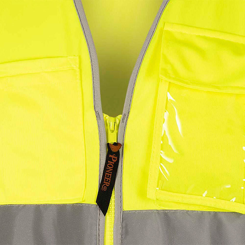 Multi Pocket Safety Vest Yellow Green Zipper Detail Image