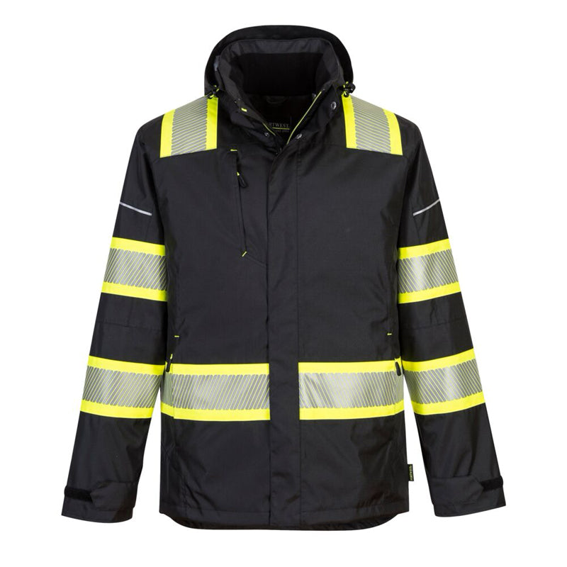 Parka Style Enhanced Winter Jacket With Reflective Tape in Black Front View Image