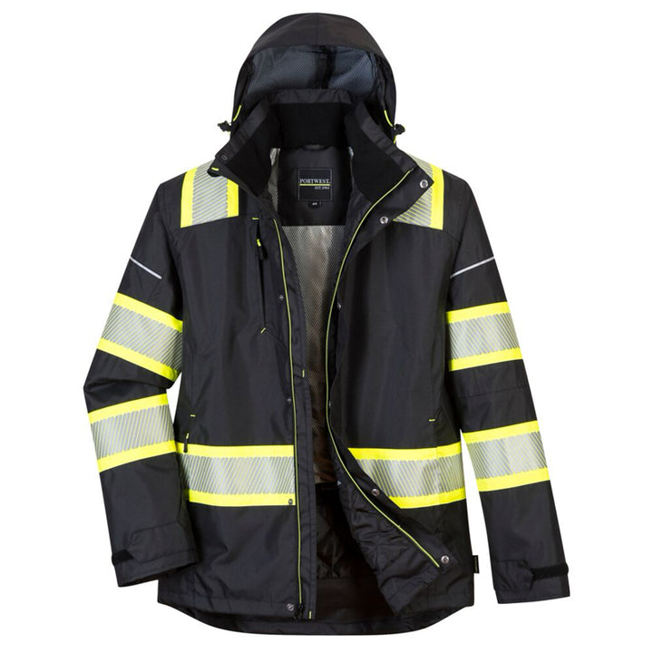 Parka Style Enhanced Winter Jacket With Reflective Tape and Hood in Black Front View Image