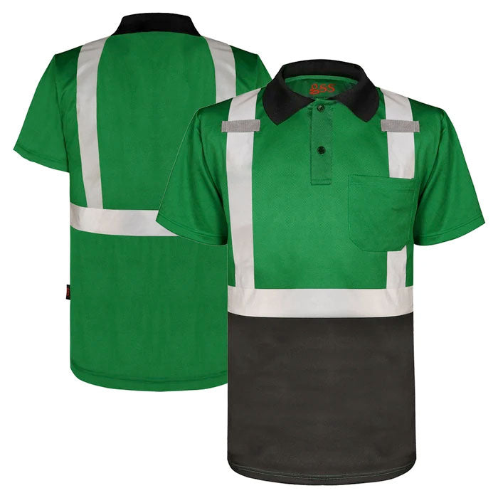 Polo Shirt Short Sleeve Green with Black Bottom Front and Back Images