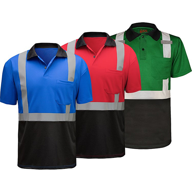 Polo Shirt Short Sleeve With Black Bottom and Reflective Silver Tape Non-ANSI in Blue, Red and Forest Green Front View Image