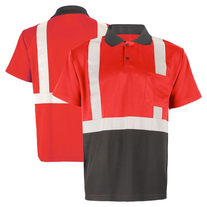 Polo Shirt Short Sleeve Red With Black Bottom Non-ANSI Front and Back Images