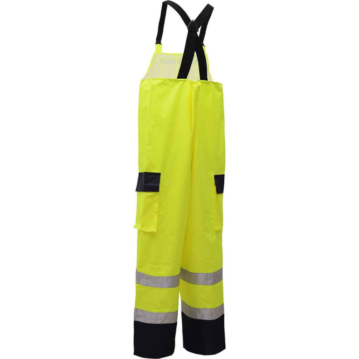 Premium Waterproof Bibs With To Side Pockets and One Cargo Pocket - Class E Lime Back View Image