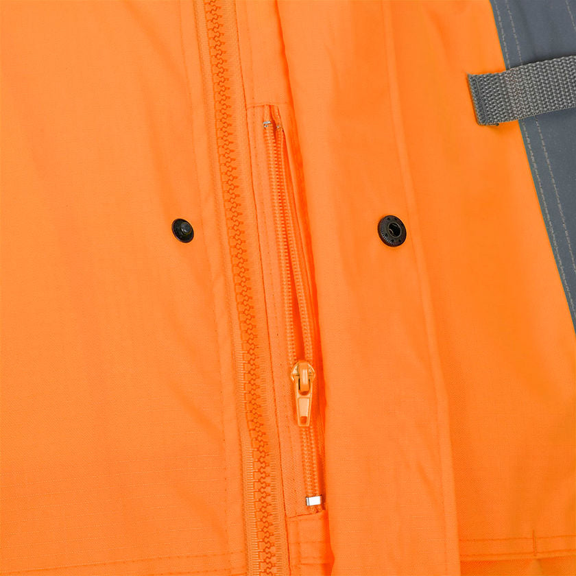 Ripstop Waterproof Rain Jacket Orange Front Zipper Pocket Detail  Image