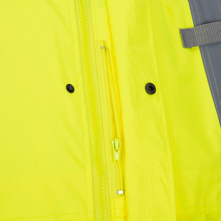 Ripstop Waterproof Rain Jacket Yellow Green Front Zipper Pocket Detail Image