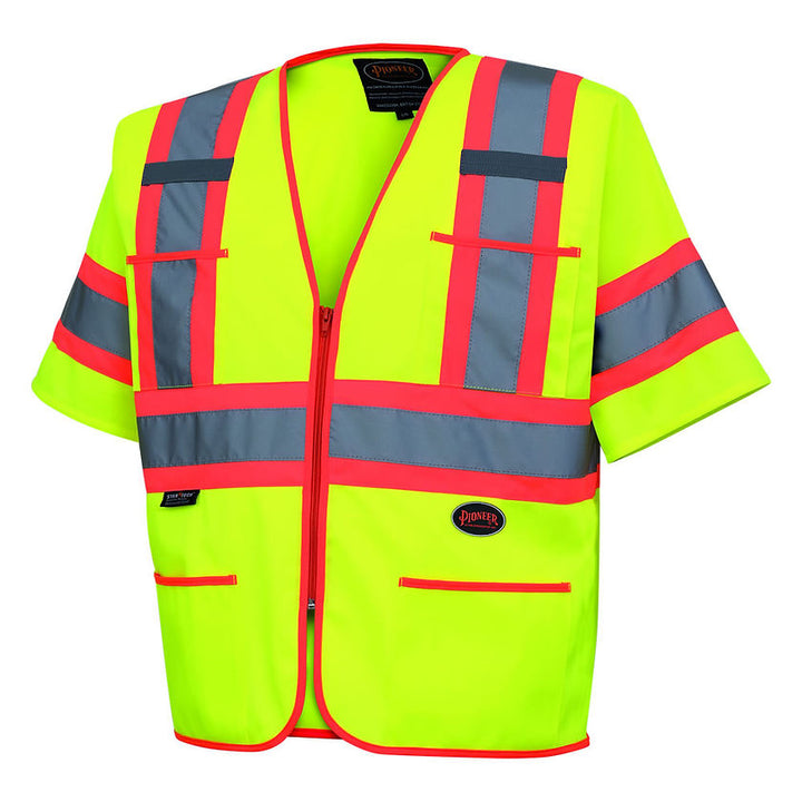 Safety Vest With Polyester Tricot Sleeve Yellow Green Front View Image